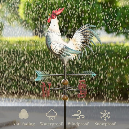 TERESA'S COLLECTIONS Garden Decor with Solar Outdoor Lights, White Rooster Yard Art Sign for Outside, 34'' Metal Weathervane Decorative Garden Stake for Outdoor Decor, Lawn, Gifts for Mom