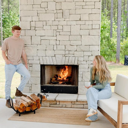 FireProof Pros Firewood Rack Outdoor and Indoor Firewood Storage with Kindling Wood Hooks. 24.5 in curved Double Coated Fire Wood Rack. Waterproof Rustproof Stable Log Holder and Fireplace Organizer