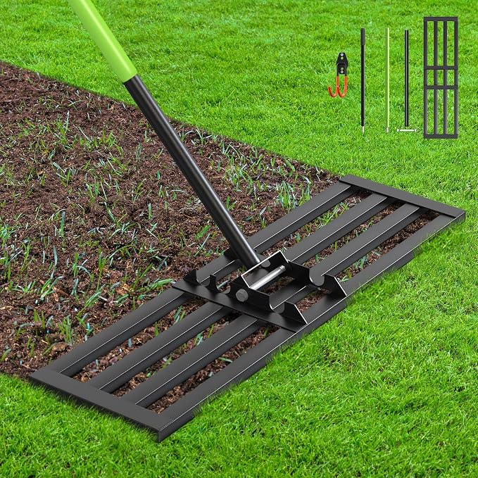 Seeutek Lawn Leveling Rake, 35” x 10” Ground Leveler | with 6.5FT Alloy Steel Handle Rakes for Lawns, 0-180° Adjustable Ground Leveler Tool for Yard, Level Soil Sand Dirt Surfaces