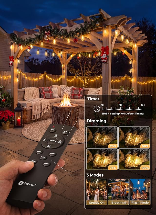 Brightown 100FT Solar String Lights Outdoor Waterproof, Patio Lights with Remote & Timer, USB/Solar Powered Dimmable Outdoor Lights, 31+2 LED Bulbs for Backyard Garden Camping Party