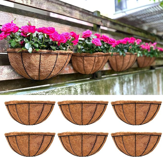LaLaGreen Wall Hanging Planters for Plants (12 Inch, 6 Pack) Wall Mounted Flower Baskets with Coco Liner, Black Metal Iron Wire Plant Holder for Outdoor Fence Railing Outside Deck Porch Balcony Garden