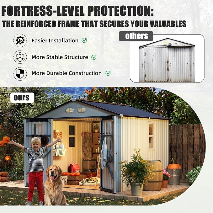 KEIKI 8x8 Outdoor Storage Shed, Metal Garden Shed with 4 Windows and Lockable Doors, Heavy Duty Steel Storage House for Backyard Patio Lawn, Bike Storage, Tool Room, Pet Shelter, White