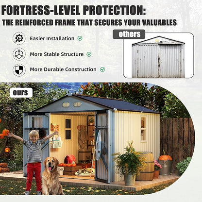 KEIKI 8x8 Outdoor Storage Shed, Metal Garden Shed with 4 Windows and Lockable Doors, Heavy Duty Steel Storage House for Backyard Patio Lawn, Bike Storage, Tool Room, Pet Shelter, White