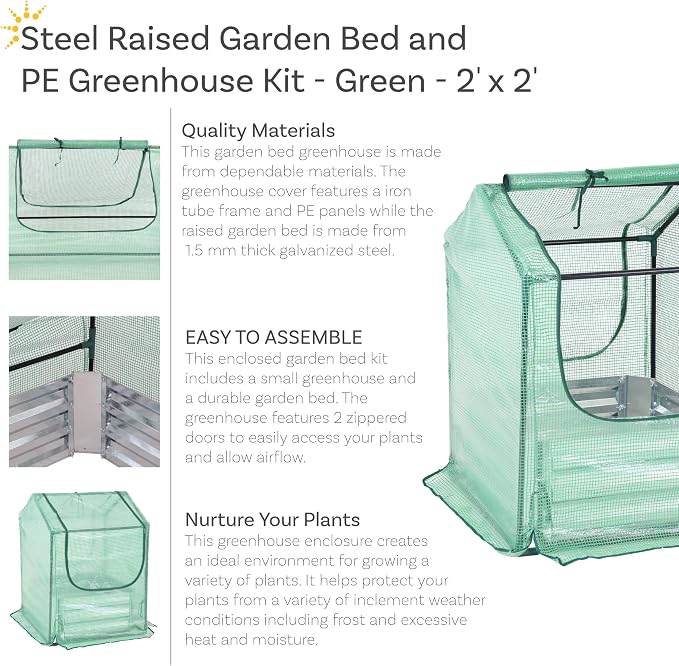 Sunnydaze Steel Raised Garden Bed with Mini Greenhouse - Outdoor Greenhouse Kit - 2 Zippered Doors - 2' x 2' - Green