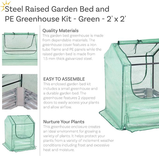Sunnydaze Steel Raised Garden Bed with Mini Greenhouse - Outdoor Greenhouse Kit - 2 Zippered Doors - 2' x 2' - Green