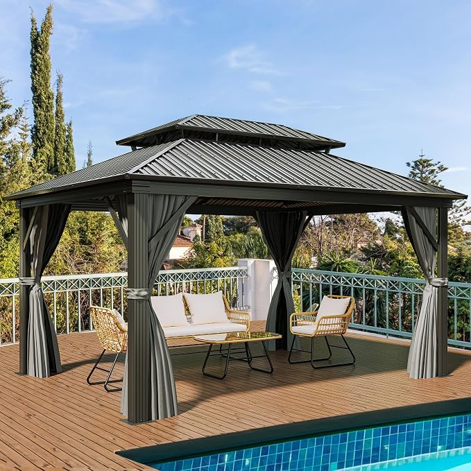 YITAHOME 12x16ft Hardtop Gazebo with Nettings and Curtains | Heavy Duty Double Roof Galvanized Steel Outdoor Combined of Vertical Stripes Roof for Patio, Backyard, Deck, Lawns, Gray