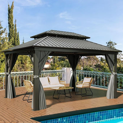 YITAHOME 12x16ft Hardtop Gazebo with Nettings and Curtains | Heavy Duty Double Roof Galvanized Steel Outdoor Combined of Vertical Stripes Roof for Patio, Backyard, Deck, Lawns, Gray