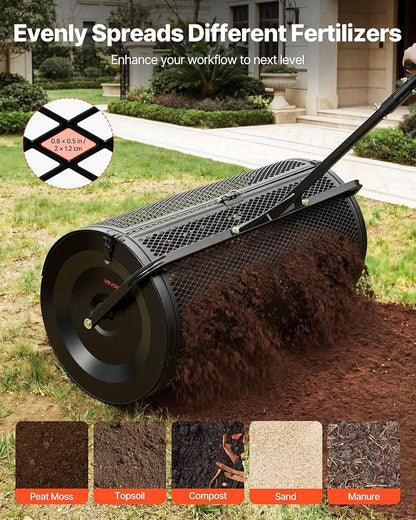 VEVOR Compost Spreader, 36" Wide Peat Moss Spreader with Push/Tow Handle, 4 Heights Adjustable, Powder-Coated Steel Garden Peat Moss Roller, Heavy Duty Grass Seed Roller for Planting Seeding, Black