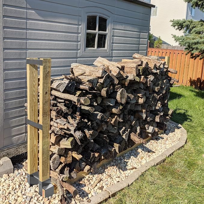 MOFEEZ Outdoor Firewood Log Storage Rack 2x4 Bracket Kit, Fireplace Wood Storage Holder, Adjustable to Any Length - Grey, Two Bases