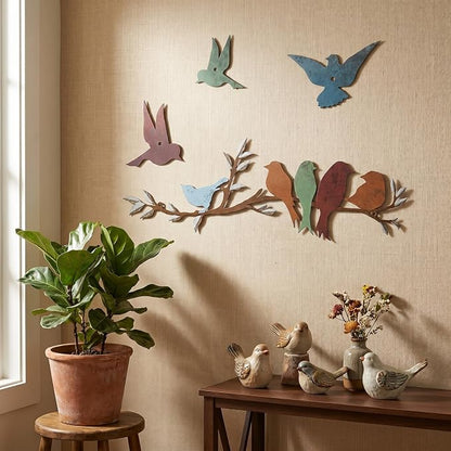 Ferraycle Metal Bird Wall Art Birds on the Branch Decor Metal Sculpture Silhouette Ornament Branch Wall Hanging Sign for Balcony Garden Home Decor(Cute Colors)