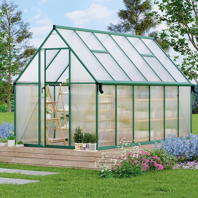 CABIHOME 8x12 FT Outdoor Greenhouse, Polycarbonate Greenhouse with Roof Vent and Ground Nails, Aluminum Large Walk-in Green House w/ Lockable Push Door for Outdoor Garden (Olive, 8x12 FT)