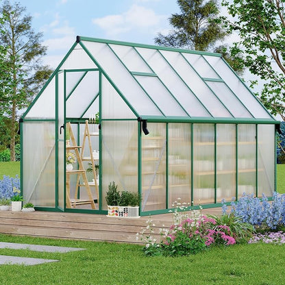 CABIHOME 8x12 FT Outdoor Greenhouse, Polycarbonate Greenhouse with Roof Vent and Ground Nails, Aluminum Large Walk-in Green House w/ Lockable Push Door for Outdoor Garden (Olive, 8x12 FT)