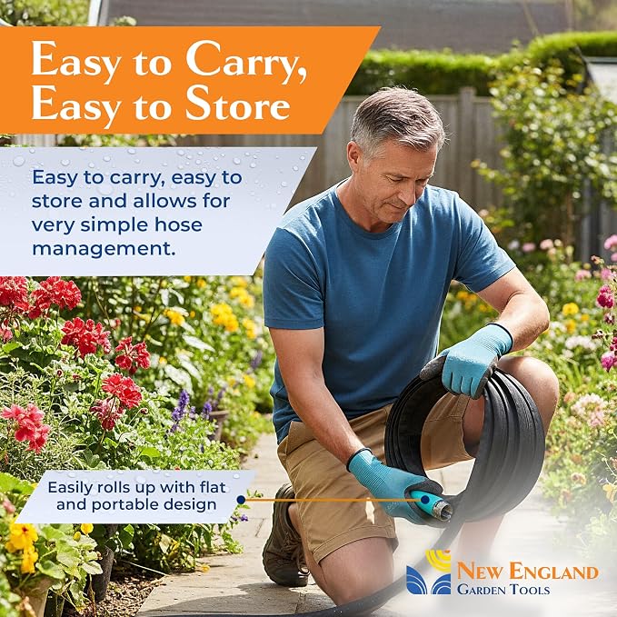 Lightweight Garden Hose 700008 (25 ft x ⅝ in), Portable Hose for Car Washing & Home Cleaning, Kink-Free, Built with Ballistic Nylon with Aluminum Couplings & Swivel Grips, by New England Garden Tools