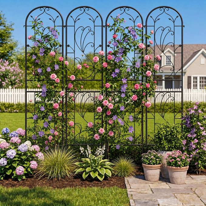 4-Pack 87" x 20" Sunflower Scroll Arch Black Metal Garden Trellises | Set of 4 rust-resistant trellises with floral scrollwork, arched tops, stakes, and support for roses, vines, or vegetables