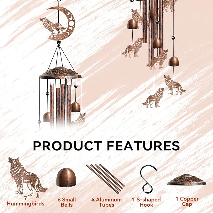 Wolf Wind Chimes Outdoor Wolf Gifts for Women/Men/Mom/Grandma Birthday Gifts Memorial Gift Metal WindChimes for Outside/Indoors, Home, Lawn, Porch, Patio, Garden Decor, Yard Decorations