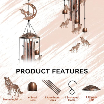 Wolf Wind Chimes Outdoor Wolf Gifts for Women/Men/Mom/Grandma Birthday Gifts Memorial Gift Metal WindChimes for Outside/Indoors, Home, Lawn, Porch, Patio, Garden Decor, Yard Decorations