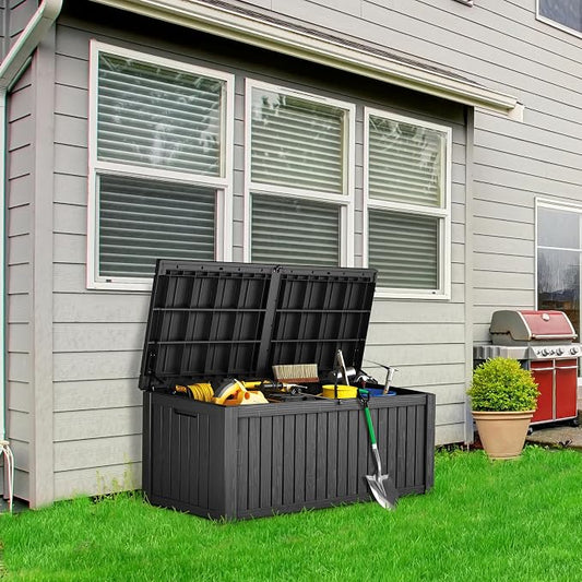 Outdoor Storage Box, 180 Gallon Waterproof Deck Box, Piston-Lift Tall Standing Cabinet for Oversized Cushions, Lockable Deep Tool Organizer Storage Bench, Large Lawn, Black