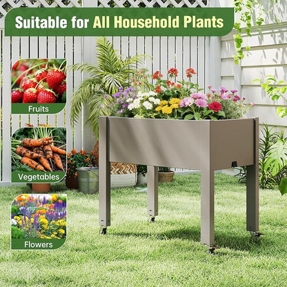 Elevated 26.3" Tall Raised Garden Bed with Wheels - Outdoor Mobile Resin Planter Box with Drainage Holes for Vegetables Flower Herbs, Weather Resistant, Gray (26.3" h)