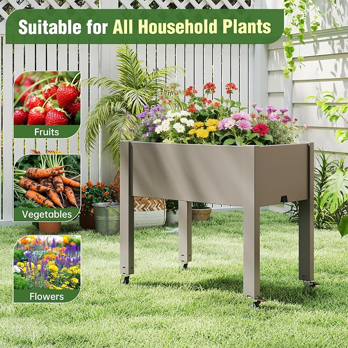 Elevated Raised Garden Bed with Wheels,Planter Box,Gray-26.3" h | Resin Planter Box with Drainage Holes, Water Monitor, Wheels for Garden Patio Backyard