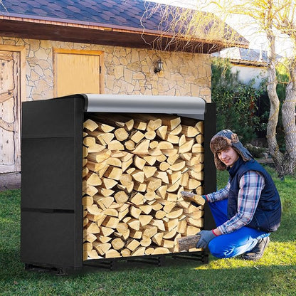 4ft Firewood Rack Outdoor with Waterproof Widened Cover, Heavy Duty Firewood Holder, Powder-coated Wood Rack with Hooks, Firewood Storage Rack for Fireplace Deck Patio