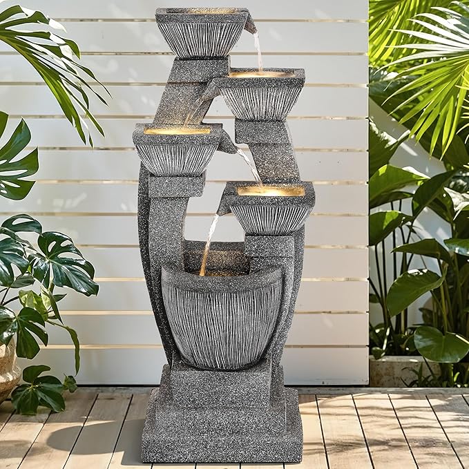 40.5" Outdoor Fountain LED 4-Bowl Cascading Waterfall, Gray | 4-pillar slate style, garden patio backyard porch