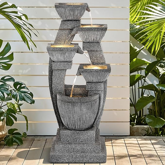 40.5" Outdoor Fountain LED 4-Bowl Cascading Waterfall, Gray | 4-pillar slate style, garden patio backyard porch