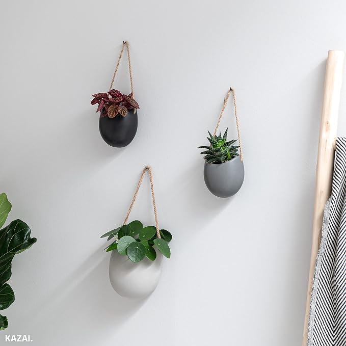 Kazai. Wall Planters -Ellie- | Hanging Ceramic Plant Pots 3 Pieces | Wall Decoration for Indoors, Balcony and Garden | Gray (Matte)