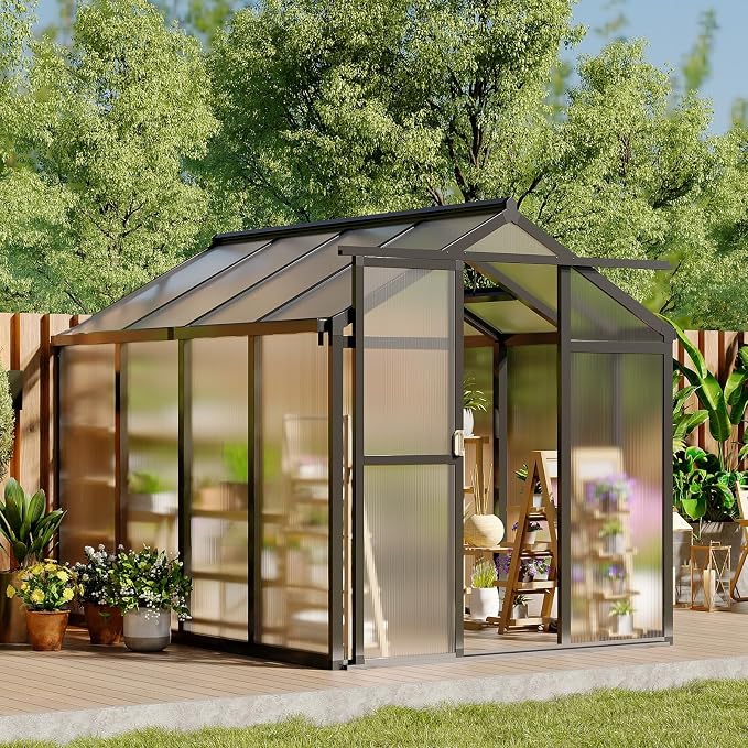 6x8 FT Greenhouse, Outdoor Sliding Door, Polycarbonate Greenhouse with Aluminum Frame, Lockable Door and Ajustable Roof Vent for Backyard, Outside Garden Backyard, Patio, Black