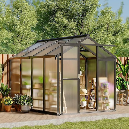 6x8 FT Greenhouse, Outdoor Sliding Door, Polycarbonate Greenhouse with Aluminum Frame, Lockable Door and Ajustable Roof Vent for Backyard, Outside Garden Backyard, Patio, Black