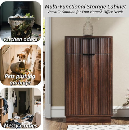 Ball & Cast 10-Gallon Tilt Out Trash Can Cabinet with Hideaway Drawer, Wooden Freestanding Garbage & Recycling Cabinet, Wave-Textured Pull-Out Bin for Kitchen, Bathroom, Living Room (Walnut)