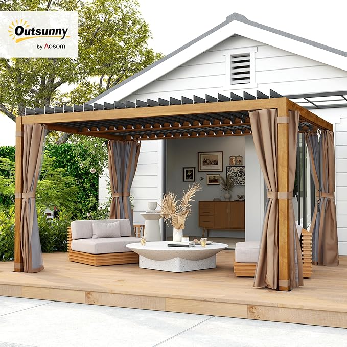 Outsunny 10' x 13' Louvered Pergola Hardtop Gazebo with Adjustable Aluminum Roof and Frame, Outdoor Pergola with Curtains and Netting, for Garden, Lawn, Backyard, and Deck, Natural Wood