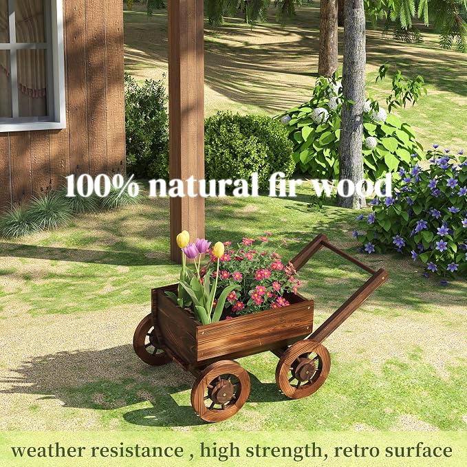 Wooden Flower Cart with Wheels Wooden Wagon Planter Trolley Decoration Succulent Flower Pot, Outdoor Garden Planter Decor Planter for Patio Balcony Indoor Backyard Balcon Decor Cart（Small）