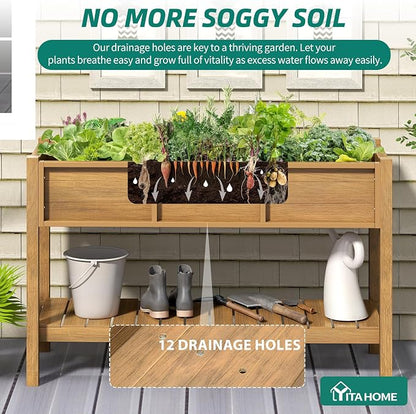 YITAHOME Raised Garden Bed Outdoor HDPE with Shelf, 48x18x30in Poly-Wood Weather-Resistant Elevated Planter Box with Legs for Vegetable Flower, Herb Garden Bed for Backyard Balcony Garden, Brown