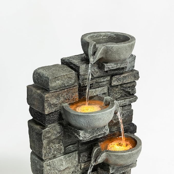 Teamson Home 28.5" Outdoor 4-Tier Stacked Stone Cascading Water Fountain with LED Lights, Gray | LED Lights, Faux Stacked Stone Look, Weather-Resistant Polyresin, Waterfall Decor for Garden, Patio, Backyard