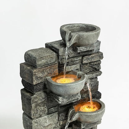 Teamson Home 28.5" Outdoor 4-Tier Stacked Stone Cascading Water Fountain with LED Lights, Gray | LED Lights, Faux Stacked Stone Look, Weather-Resistant Polyresin, Waterfall Decor for Garden, Patio, Backyard