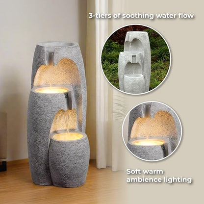 Teamson Home 3-Tier Cascading Urn Outdoor Water Fountain, Gray | Warm Glow Lighting, Adjustable Flow, Electric Pump
