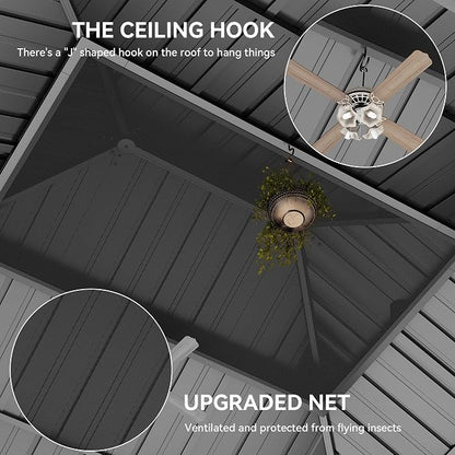 YITAHOME 12x20ft Gazebo Double Roof Hardtop Canopy Outdoor Heavy Duty w/Nettings and Curtains, Upgraded Aluminum Column Galvanized Steel Vertical Stripes Roof for Patio, Backyard, Deck, Lawns, Brown