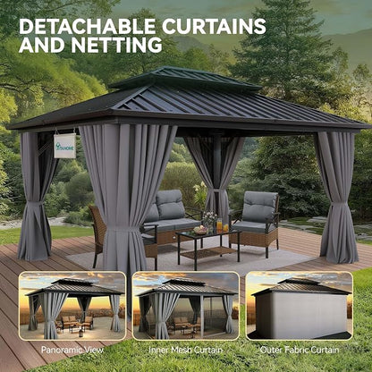 YITAHOME 10X12FT Hard Top Gazebo Aluminum Frame Patios Double Roof Canopy | Garden Metal Gazebo Tent Curtains Netting for Patios Backyards Decks Lawns, Gray