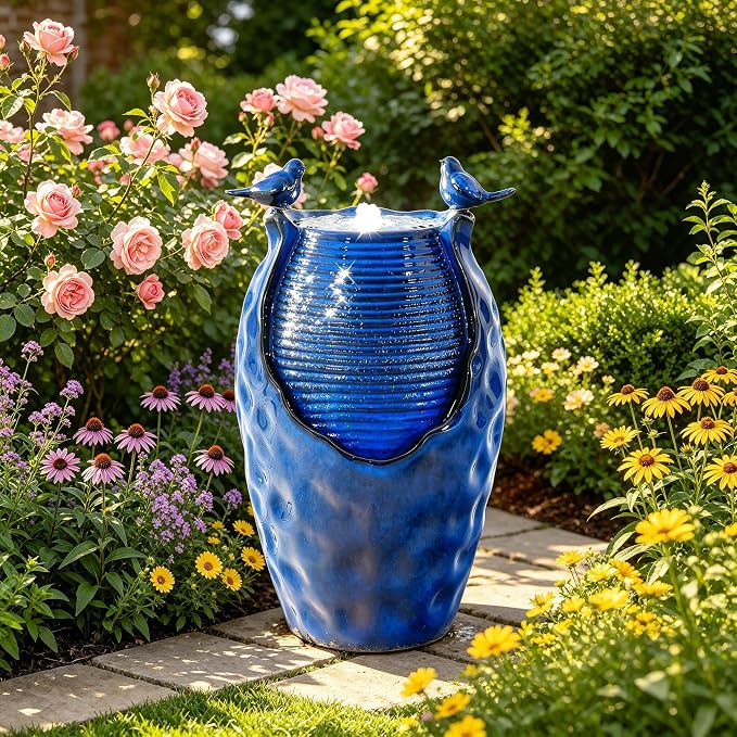 Autodaya 25" Ceramic Outdoor Fountain, Honeycomb Jar Design with LED | Bird-Friendly Decorative Garden Water Feature with ambiant lighting, Soothing Trickling Waterfall for Patio Backyard Oasis