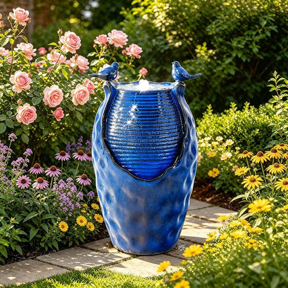 Autodaya 25" Ceramic Outdoor Fountain, Honeycomb Jar Design with LED | Bird-Friendly Decorative Garden Water Feature with ambiant lighting, Soothing Trickling Waterfall for Patio Backyard Oasis