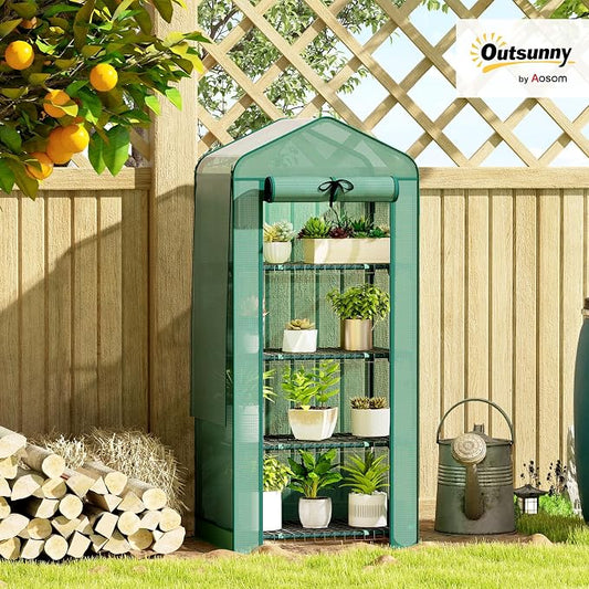 Outsunny 4 Tier Mini Greenhouse with Screen Roof, 27.6" x 19.7" x 62.2", Portable Small Greenhouse with High Strength PE Cover, Roll-Up Zipper Door for Garden Yard Backyard, Green