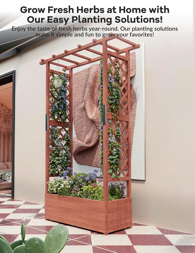 Patikuin 45" Elevated Wooden Raised Garden Bed with Trellis & Canopy, Freestanding Planter Box with Side Supports & Drainage Holes, Large Vertical Planter for Climbing Plants, Vines, Flowers, Patio