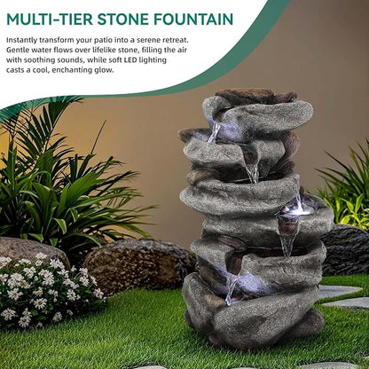 20" H Outdoor Water Fountain with LED Lights, 5-Tier Rock Outdoor Fountain with Pump,Polyresin Cascading Freestanding Waterfall Feature for Tranquil Garden, Patio or Porch