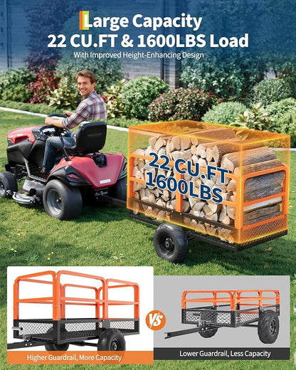 GarveeLife ATV UTV Trailer Tow Behind Dump Cart 22 Cu.ft 1600Lbs Steel, Heavy Duty Pull Behind Utility Dump Trailer for Lawn Mower Trailer Tractor Garden Yard with Removable Rear Panel