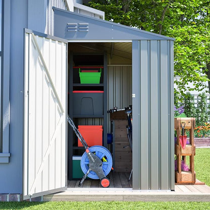 YOPTO 4x7 FT Lean to Storage Shed, Outdoor Metal Wall Side Storage Sheds with Lockable Door,Small Garden Tool Shed for Backayrd, Patio,Lawn,Easy Assembly,Gray