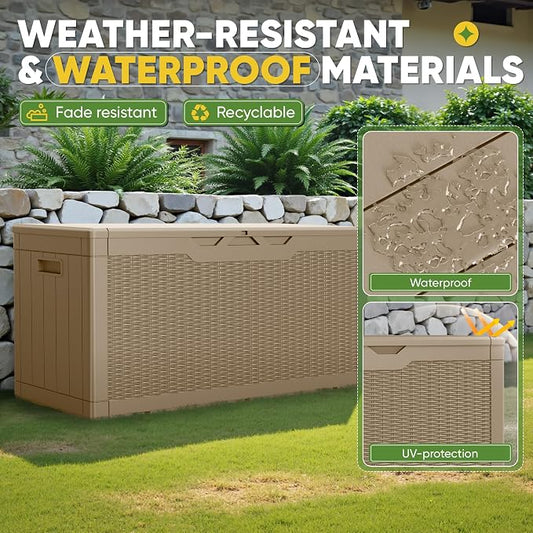 Greesum Outdoor Storage Box 100 Gallon Storage Bin with Lid for Patio Furniture, Garden Tools, Pool Supplies, Lockable, Waterproof and UV Resistant, Light Coffee