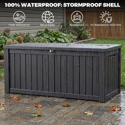 Outdoor Storage Box, 150 Gallon Waterproof Deck Box [Upgraded 3.0], Piston-Assisted Resin Trunk for Sectional Sofa Cushions, High-Capacity Lockable Double Storage Bench, Patio Lounge, Black