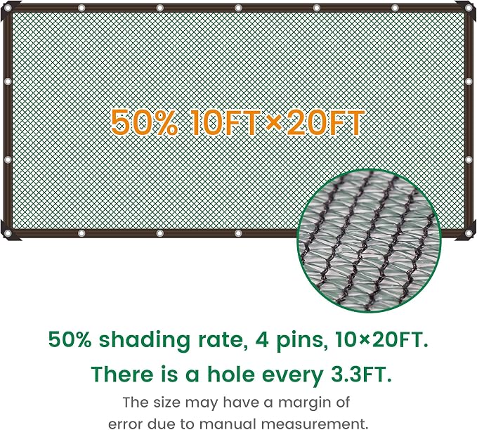 Shade Cloth, 10FT X 20FT 50% Green Outdoor Woven Sun Shade with Grommets, Durable Breathable Netting Shading Antifreezing for Patio, Garden, DIY Home, Plants Cover, Greenhouse, Dog Kennel