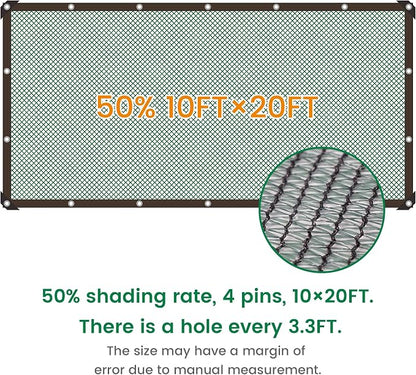 Shade Cloth, 10FT X 20FT 50% Green Outdoor Woven Sun Shade with Grommets, Durable Breathable Netting Shading Antifreezing for Patio, Garden, DIY Home, Plants Cover, Greenhouse, Dog Kennel