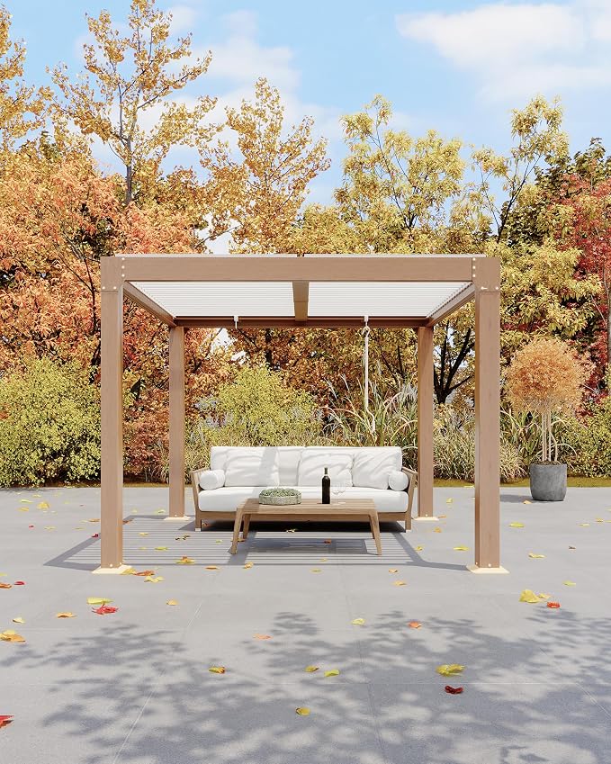 GarveeLife Louvered Pergola 10 ft x10', Outdoor Pergola with Adjustable Louvered Roof, Reinforced Aluminum Frame, Integrated Drainage System, Hardtop Gazebo for Patio, Deck, Wood Grain